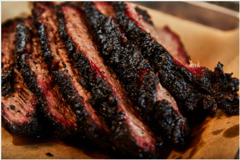 Sliced smoked Carrell Farms water buffalo brisket