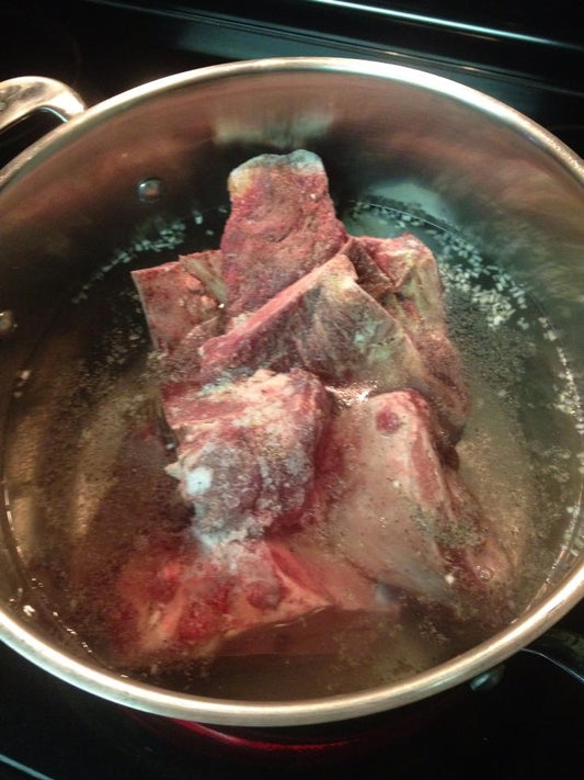 Carrell Farms water buffalo soup bones in a stockpot