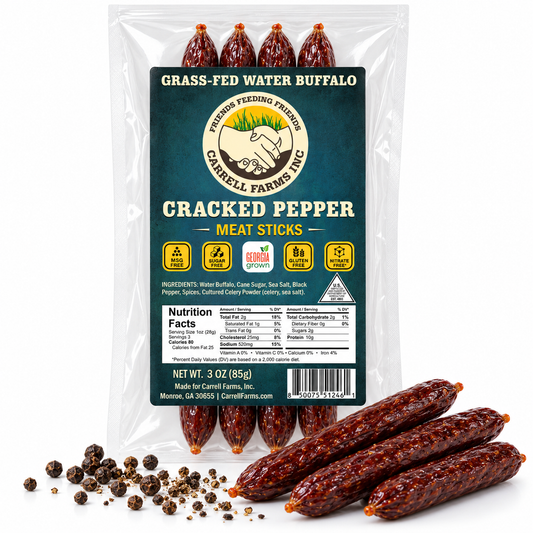 Carrell Farms grass-fed water buffalo Cracked Pepper meat sticks
