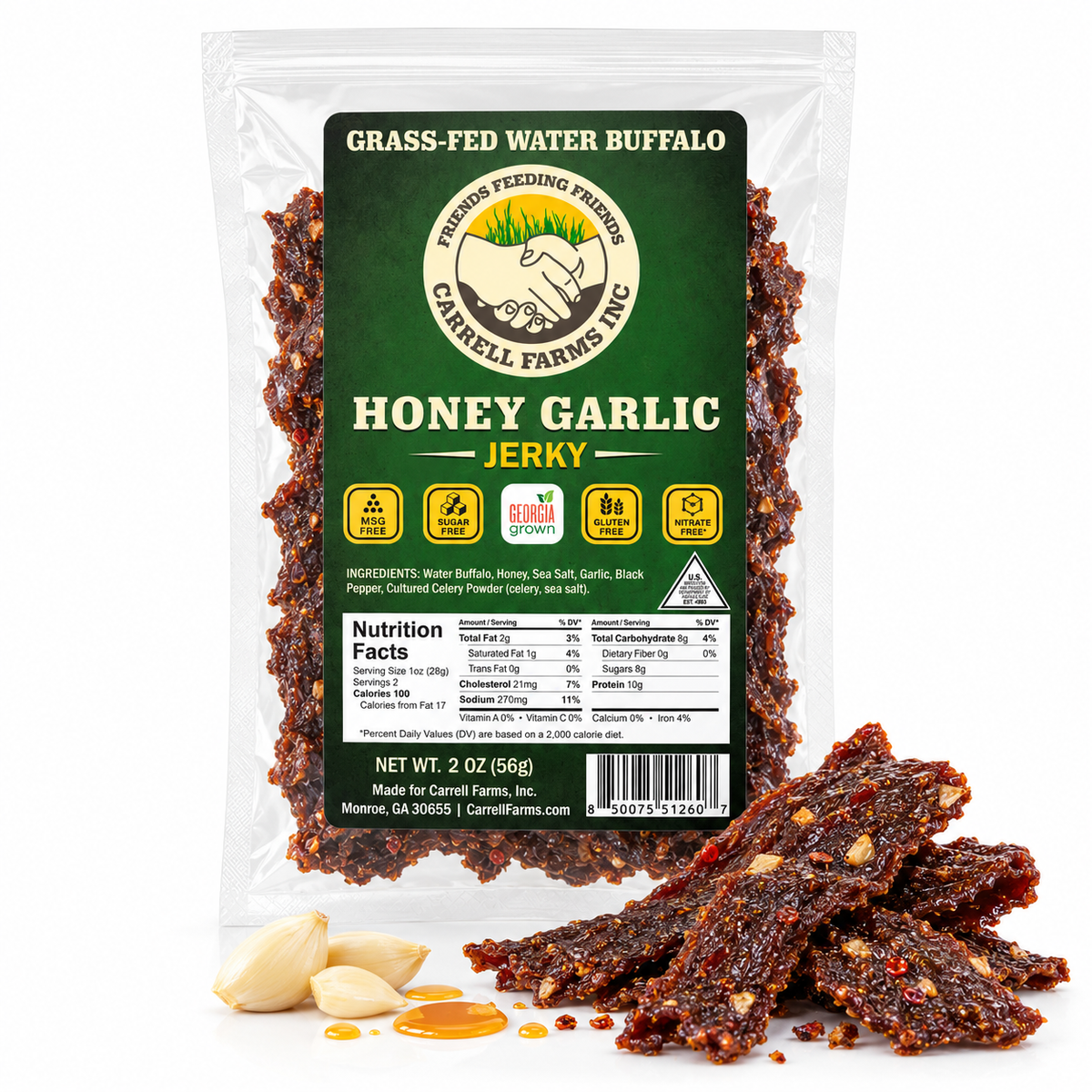 Carrell Farms grass-fed water buffalo Honey Garlic jerky