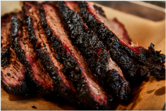 Sliced smoked Carrell Farms water buffalo brisket