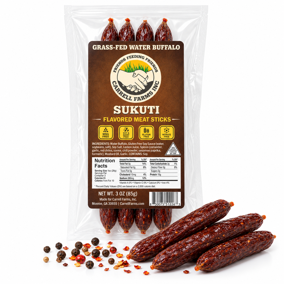 Carrell Farms grass-fed water buffalo Sukuti flavored meat sticks