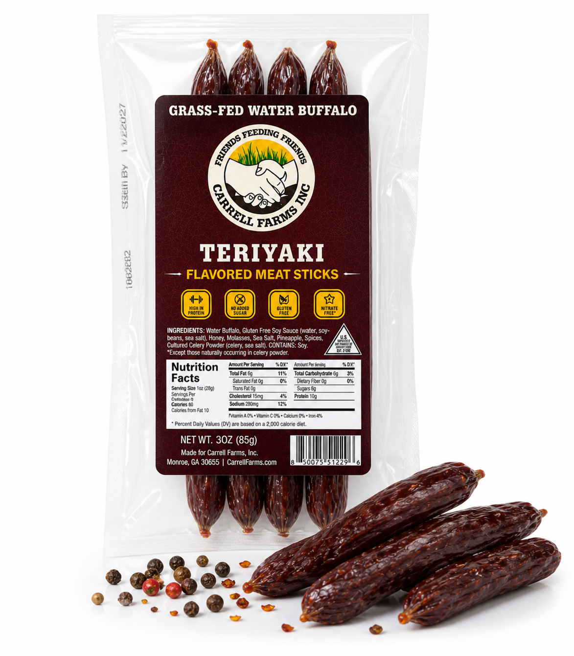 Carrell Farms grass-fed water buffalo Teriyaki meat sticks, 3 oz package with meat sticks