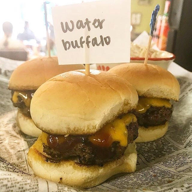 Water buffalo cheeseburgers made with Carrell Farms Buffalo Ground