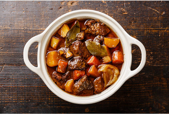 Carrell Farms water buffalo stew with potatoes, carrots, onions, and bay leaves